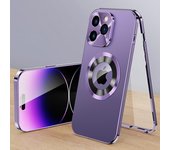 Funda de aluminio de lujo con orificio para el logotipo de Aolly para iPhone 16, 15, 14 Plus, 13, 12 Pro Max, cubierta protectora de lente magnética de metal para iPhone 16 Pro Max For iPhone 14 negro