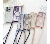Para iPhone 16 Pro 15 Pro Max 14 13 12 11 para funda Magsafe con borde chapado, funda transparente a prueba de golpes con cordón iPhone 13 Pro oro