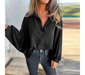 Camisa de seda de hielo arrugada con solapa tipo farol, manga larga, botonadura sencilla, para trabajo de oficina M rojo/púrpura