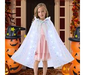 Capa de Halloween para niños con cadena de luces LED, malla translúcida, lentejuelas, capucha, fruncido, lazo con cordones, estilo princesa, disfraz para fiesta de Navidad, poncho blanco