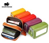 BISON DENIM moda mujer cuero genuino tarjetero monedero gran capacidad doble cremallera cartera femenina marrón
