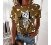 Camiseta con cuello redondo y estampado de gato lindo, camiseta informal de manga corta para primavera y verano, ropa de mujer, tendencia de moda, tops tipo pulóver S