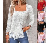 Camisetas de mujer de moda casual otoño invierno cuello cuadrado camisa de base de encaje camisetas de manga larga S negro