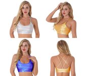Mujeres Brillante Metálico Tiras Espalda Abierta Almohadillas Extraíbles Gimnasio Yoga Entrenamiento Bras Chaleco Tops XL plata