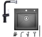 Fregadero de cocina de un seno 50×45CM de acero inoxidable antracita negro, grifo mezclador de cocina extraíble con 2 funciones de chorro