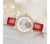 Reloj mecánico automático para mujer con diamantes incrustados, correa de cuero y diseño resistente al agua.