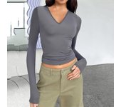 Camiseta básica ajustada de manga larga con cuello en V para mujer de otoño e invierno S negro