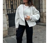 Chaqueta informal de tweed con tapeta sin botones y festoneado para mujer S blanco