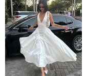 Vestido de falda con dobladillo grande y escote en V profundo sexy de color sólido con escote halter ahuecado S blanco