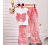 Traje de moda infantil de verano para niñas, sin mangas, con apliques y lazo, pantalones vaqueros rotos, traje de dos piezas 7Y color rosa