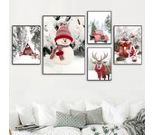 Cuadro en lienzo con bufanda de muñeco de nieve navideño, póster artístico de alce y ardilla, árbol de pino con lámpara, arte de pared de casa de nieve, decoración de dormitorio 21x30cm No Framed