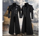 Nuevo Vintage Halloween Medieval Steampunk Assassin Elves disfraz de pirata hombres adultos negro chaqueta larga dividida armadura gótica abrigos de cuero XXXXXL negro