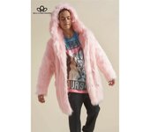 Chaqueta de piel sintética para hombre, abrigo largo de piel sintética de alta calidad con capucha y orejas de dibujos animados en color rosa S