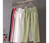 Pantalones de verano para mujer, pantalones casuales de lino y algodón, pantalones rectos sueltos, pantalones Haren de nueve puntos M negro
