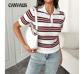 Camiseta de mujer Primavera y verano Temperamento Slim Cuello Polo Blusa de manga corta a rayas de dos colores S blanco