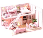 Casa de muñecas Moin Moin en miniatura, hecha a mano, kit de casa de ensueño, moderna habitación moderna, conejo, tamaño mediano, luz LED, estuche acrílico incluido, 2008DH195 color rosa