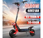 Patinete eléctrico todoterreno EU 2025 X7 de doble motor, 3600 W, 48 V, 21 Ah, velocidad máxima de 65-70 km/h, alcance máximo de 60 km y ruedas grandes de 11 pulgadas. 3600W-48V-21AH