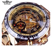 GANADOR Reloj mecánico automático con esqueleto de acero dorado y personalidad elegante para hombre GANADOR