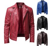Chaqueta de cuero sintético para hombre, color liso, informal, ajustada, con cremallera, manga larga, cuello vuelto, chaqueta de cuero para motocicleta, ropa para hombre S negro