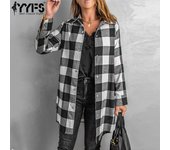 YYFS Chaquetas y abrigos de cuello polo de manga larga con estampado de cuadros informales a la moda para mujer para otoño e invierno S