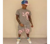 Conjunto gótico de dos piezas para hombre Y2K: Camiseta de cuello redondo con estampado de letras de hip hop y pantalones cortos anchos con cordón ajustable Triple Extra Large