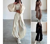 2 Unids/set Mujeres Crop Top Pantalones Conjunto Manga Larga Cuello Barco Top Corto Cintura Alta Volantes Irregulares Con Cordones Pantalones Envueltos Color Sólido Club Party Top L albaricoque