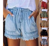Pantalones cortos de cintura elástica de tiro medio para mujer, pantalones cortos deportivos con cordón y bolsillos de pierna ancha que absorben el sudor, Color sólido, puños con borlas, ropa de calle M azul claro