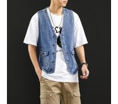 Nuevo Chaleco vaquero para hombre, chaqueta holgada a la moda con personalidad y correa trasera, abrigo vaquero informal azul sin mangas para hombre XXL