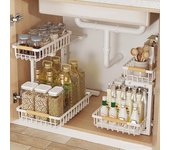 Estante de almacenamiento debajo del gabinete con dos bandejas deslizantes, altura ajustable, organizador de fregadero de cocina de baño deslizable de metal con asa blanco