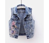 Chaleco vaquero de industria pesada con cuentas de clavos, sin mangas, con calcomanías en los hombros, chaqueta vaquera para mujer, cuello vuelto, botonadura sencilla, hebilla, nueva moda de otoño S azul