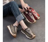 Johnature Zapatillas retro de punta redonda de piel auténtica para mujer, zapatos deportivos casuales y versátiles con suela blanda 35 verde