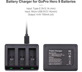 Cargador de batería para cámara de acción, carga rápida de 3 ranuras con Micro USB y reemplazo de entrada TypeC para negro