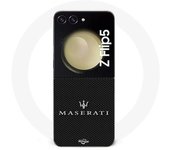 Coque Samsung Galaxy Z Flip5 maserati blanc fond carbonne