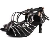 Zapatos de baile latino para mujer, zapatos de baile modernos con diamantes de imitación brillantes, tacón alto de 7,5 cm 34 negro