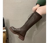 Botas largas para mujer, botas de motociclista de suela gruesa, ajustadas, de caña alta, con cordones y punta redonda, botas vaqueras negras y marrones 35