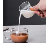 1 taza medidora de café de vidrio de borosilicato de alta calidad con mango de madera y doble boca con taza de leche pequeña graduada.