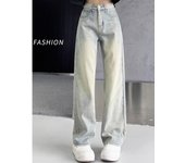 Pantalones vaqueros holgados de cintura alta con lavado retro americano para mujer, pantalones de pierna recta para mujer, de color azul claro, a la moda, para estudiantes, talla grande S