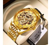 Reloj mecánico automático de lujo con diseño de dragón dorado para hombre, reloj de acero inoxidable luminoso resistente al agua de marca superior para hombre