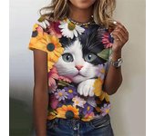 Camiseta con estampado de gato y flores para mujer, camisetas con estampado 3D de animales coloridos, camisetas casuales de verano estilo Harajuku, camisetas holgadas de manga corta con cuello redondo XL
