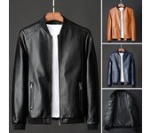 Chaqueta de cuero sintético para hombre, con cuello alto, manga larga, bolsillos, color sólido, dobladillo elástico, chaqueta de motociclista M azul