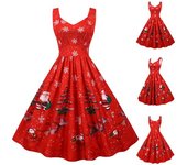 Enaguas de señora vestido de fiesta de talla grande cuello cuadrado sin mangas dobladillo grande Santa Claus muñeco de nieve estampado de alces vestido de Navidad ropa de mujer L