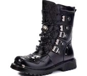 Botas de moto de invierno para hombre, nuevas botas punk de media pantorrilla con cinturón gótico, zapatos de caña alta de cuero PU para hombre, botas de felpa para hombre 2024 38
