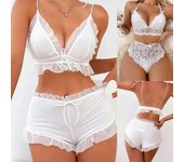 Conjuntos de sujetadores sin mangas de encaje sexy push up para mujer, bragas, lencería, ropa interior L marfil