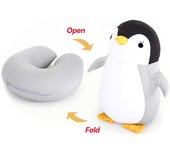 Almohadas de viaje deformables 2 en 1 en forma de U para adultos y niños, con forma de pingüino y gato, cojín de viaje de peluche para el cuello 7