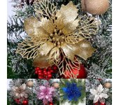Flores artificiales de Pascua con purpurina navideña y tallos para bodas, árbol de Navidad, flores artificiales, adornos de Año Nuevo