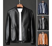 Chaqueta de motociclista de piel sintética para hombre, moderna, resistente al viento, con cuello alto y cierre de cremallera, con bolsillos, para otoño e invierno, suave. XXS azul