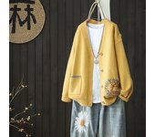 Suéter tipo cárdigan bordado con cuello en V vintage para mujer, chaqueta de punto suelta, jersey con hebilla de un solo pecho, estilo Harajuku para desplazamientos diarios, primavera y otoño S color rosa