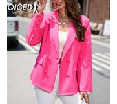 Chaquetas y abrigos de cuello tipo polo de manga larga con estampado de color sólido informal vintage para mujer de QICED para otoño e invierno S rojo