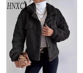 HNXC Chaquetas y abrigos con cuello tipo POLO de manga larga para otoño e invierno con estampado de Color sólido informal vintage para mujer S negro