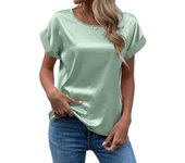 Blusa de verano para mujer, camisa de satén de manga corta, color negro, blanco y gris, blusas de satén con cuello redondo informales holgadas, Tops para mujer S gris claro